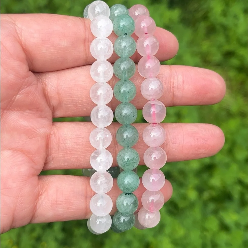 8mm stretchable‎ rose quartz, clear quartz, green strawberry quartz bracelet set